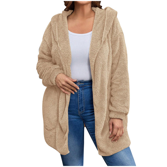 Damen nan kuschelige Teddy-Fleece Kapuzenjacke mit großen Eingrifftaschen und entspannter Silhouette EB