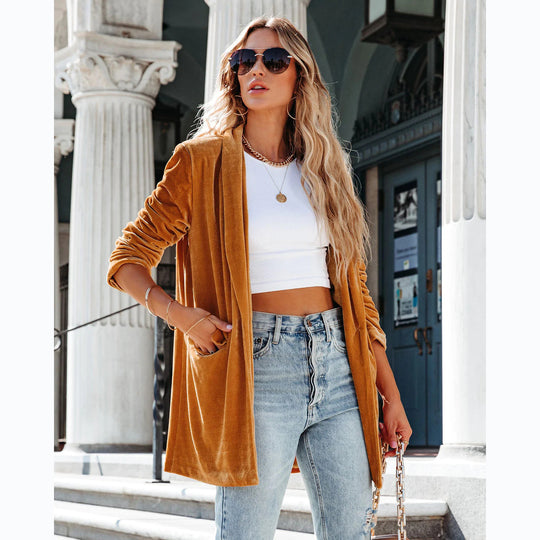 Damen Eleganter Velourscardigan mit lässigem Schnitt und praktischen Taschen EB