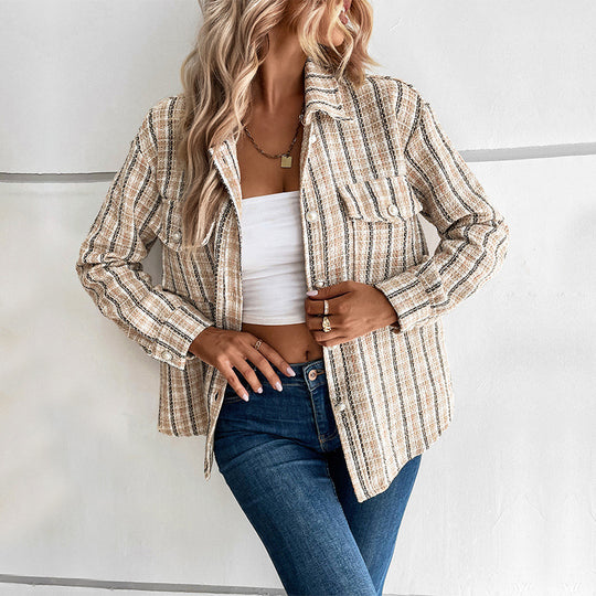Damen gestreifte Utility-Jacke mit Brusttaschen und strukturierter Oberfläche EB