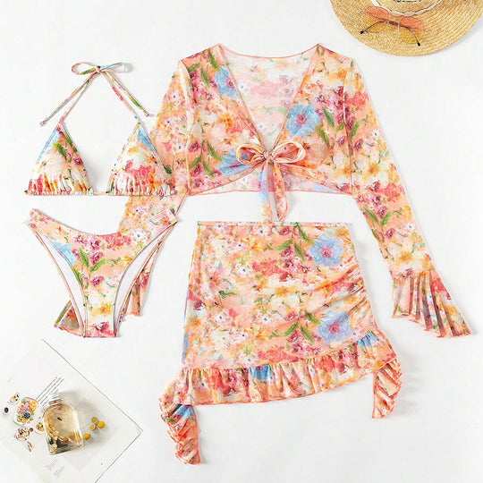 Damen Bikini-Set mit floralem Crop-Top und Rüschenslip EB