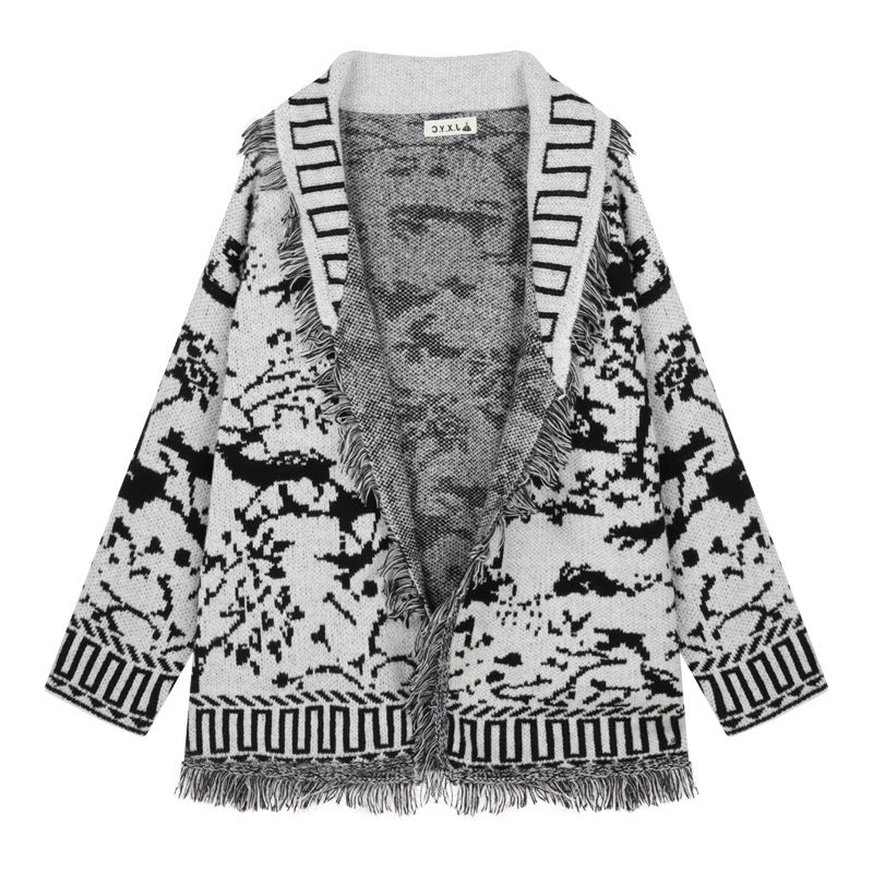 Damen Fransen-Strickjacke mit grafischem Muster und offenen Vorderteilen EB