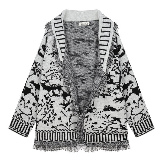 Damen Fransen-Strickjacke mit grafischem Muster und offenen Vorderteilen EB