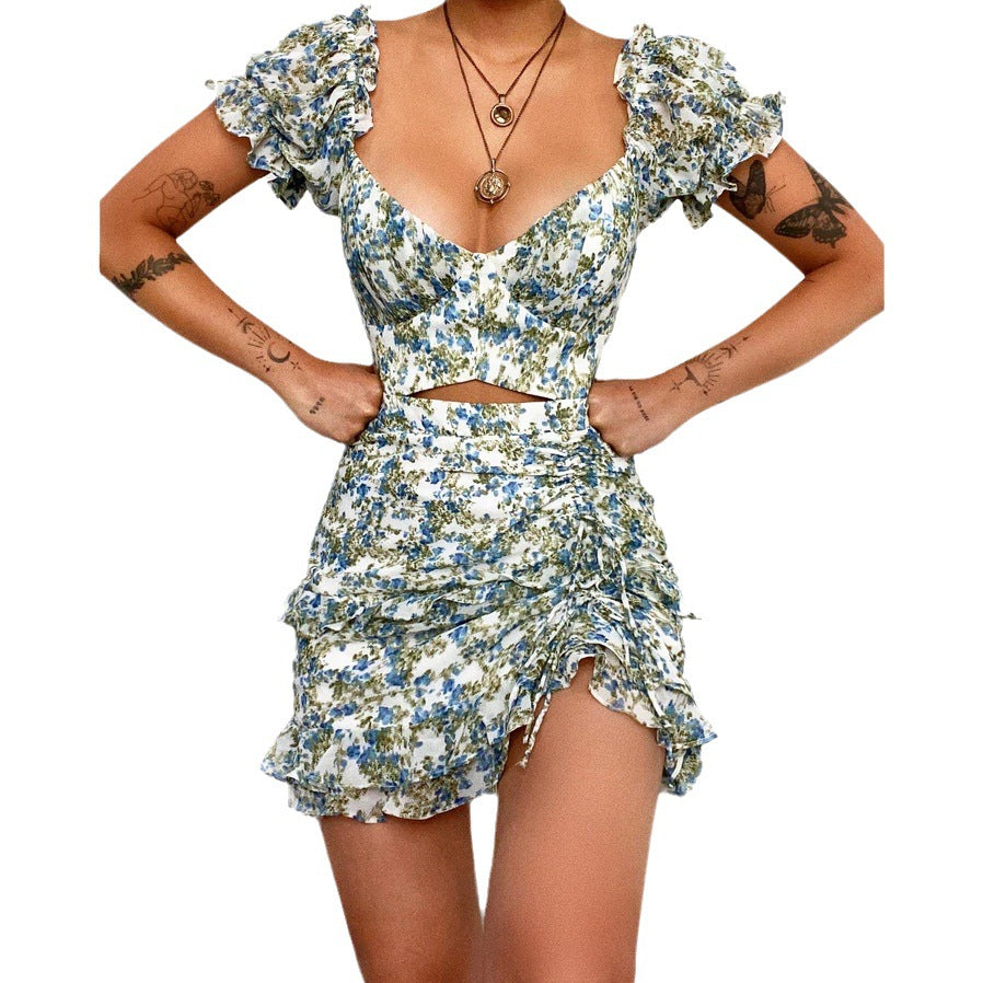 Damen Minikleid mit schulterfreiem Design und floralem Rüschensaum EB