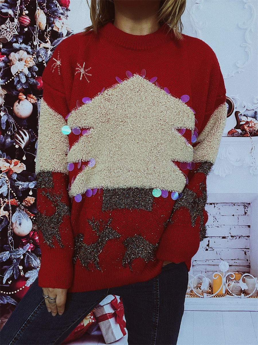 Damen festlicher Pullover mit weihnachtlichem Motiv und Glitzerapplikationen EB