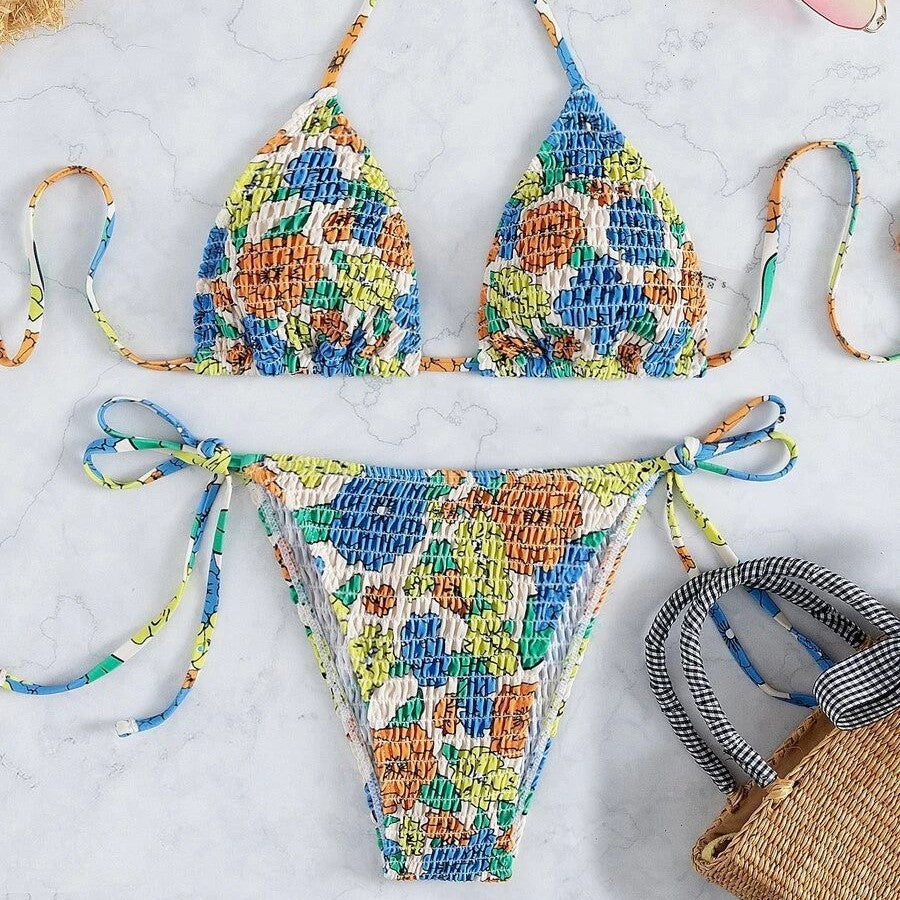Damen Triangel-Bikini mit farbenfrohem Strukturdesign und verstellbaren Trägern EB