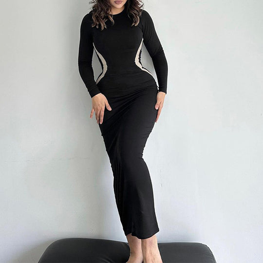 Damen figurbetontes Kleid mit Raffungen und langen Ärmeln EB
