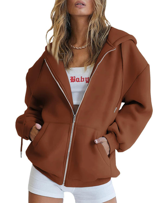 Damen nan Oversize-Zip-Hoodie mit Kapuze Kängurutaschen und weichem French-Terry EB