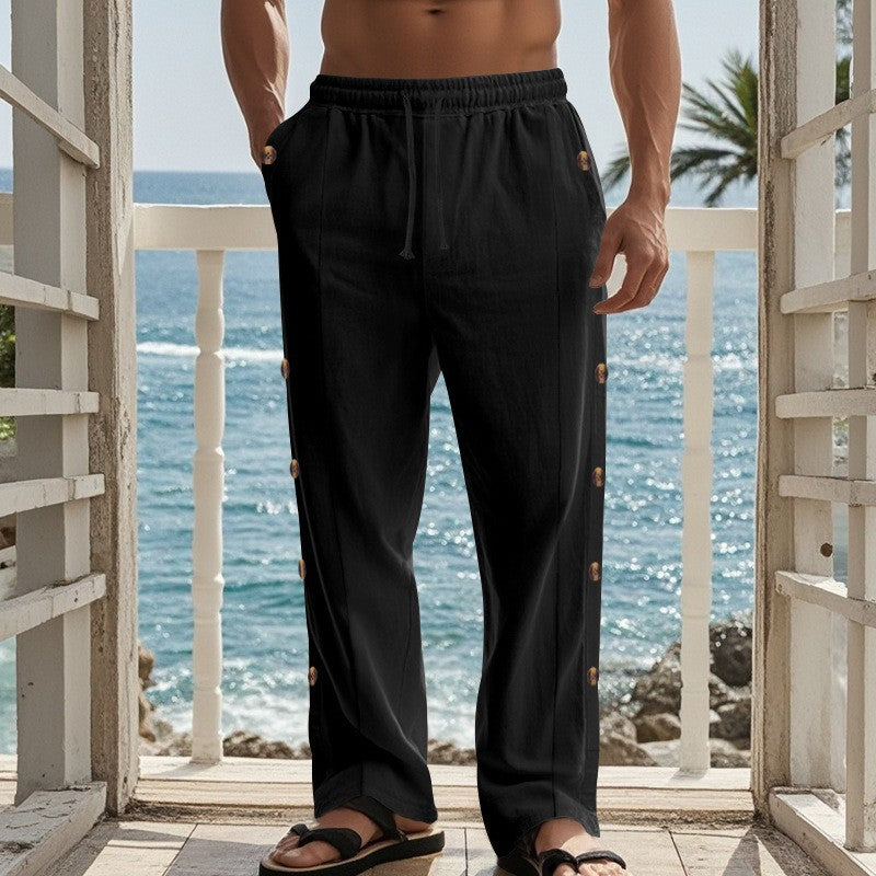 Herren nan weite Strandhose mit seitlicher Druckknopföffnung, elastischem Tunnelzug und luftigem Leinenmix EB