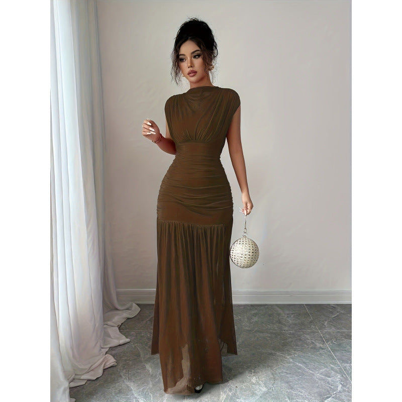 Damen Elegantes Maxikleid mit raffiniertem Drapée und transparentem Rock EB