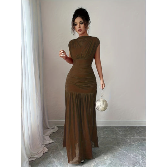 Damen Elegantes Maxikleid mit raffiniertem Drapée und transparentem Rock EB