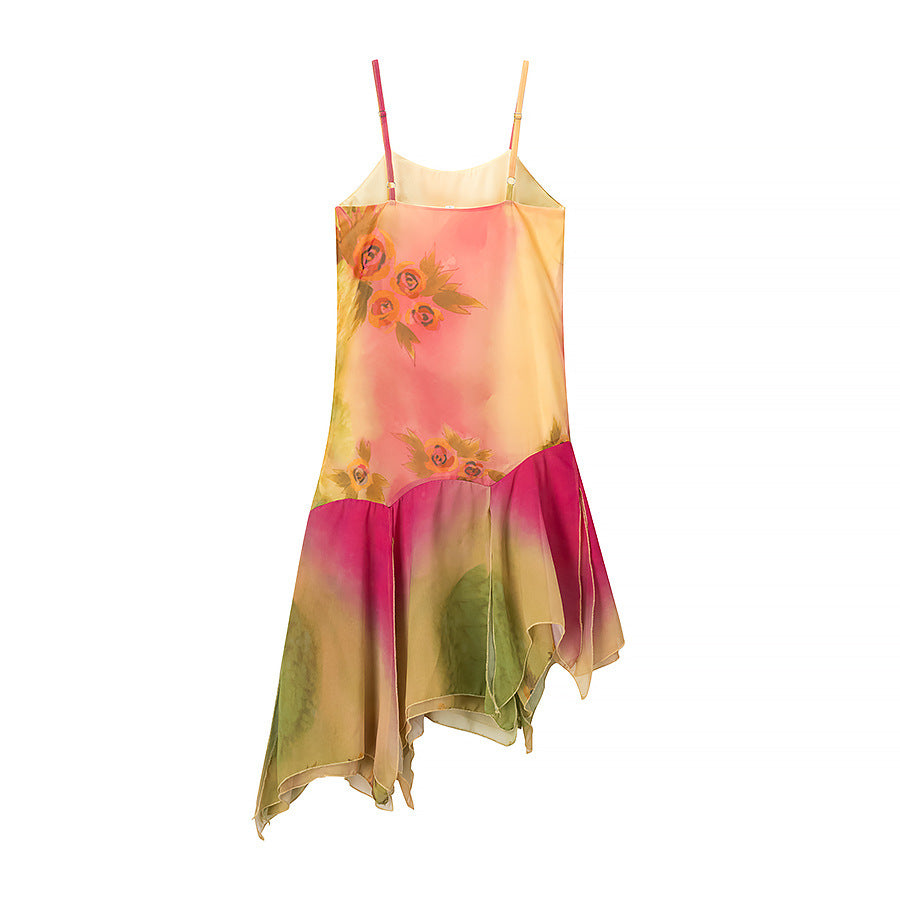 Damen asymmetrisches Sommerkleid mit floralem Design und zarten Spaghettiträgern EB