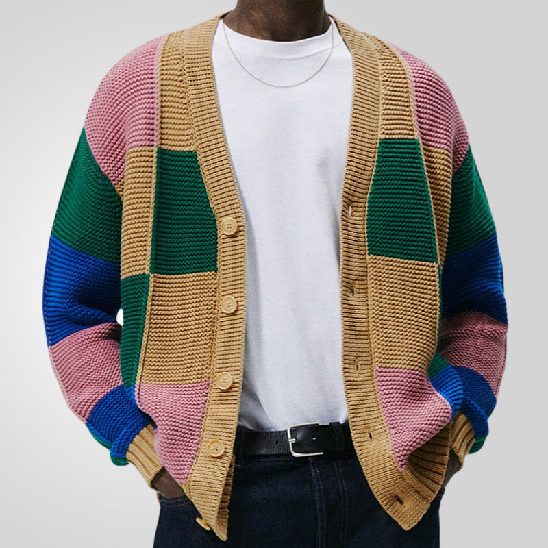 Herren Strickjacke mit buntem Blockmuster und bequemen Knöpfen EB