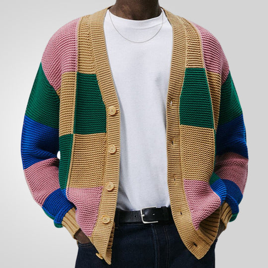 Herren Strickjacke mit buntem Blockmuster und bequemen Knöpfen EB