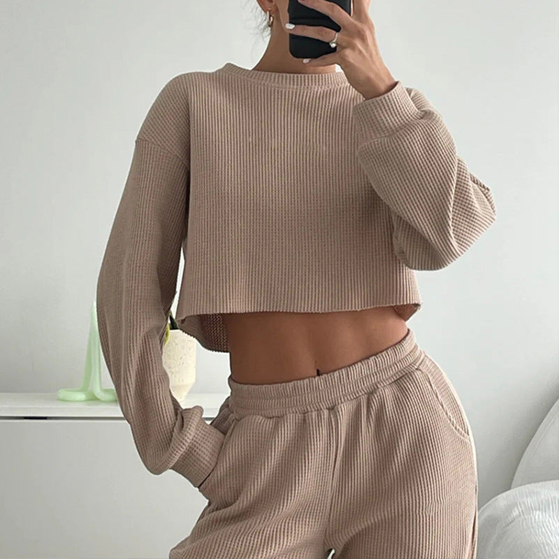 Damen geripptes Cropped-Lounge-Set mit Ballonärmeln und High-Waist Palazzo-Hose EB
