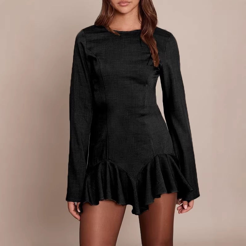 Damen Figurbetontes Langarm-Minikleid mit taillierten Nähten und Volant-Saum EB