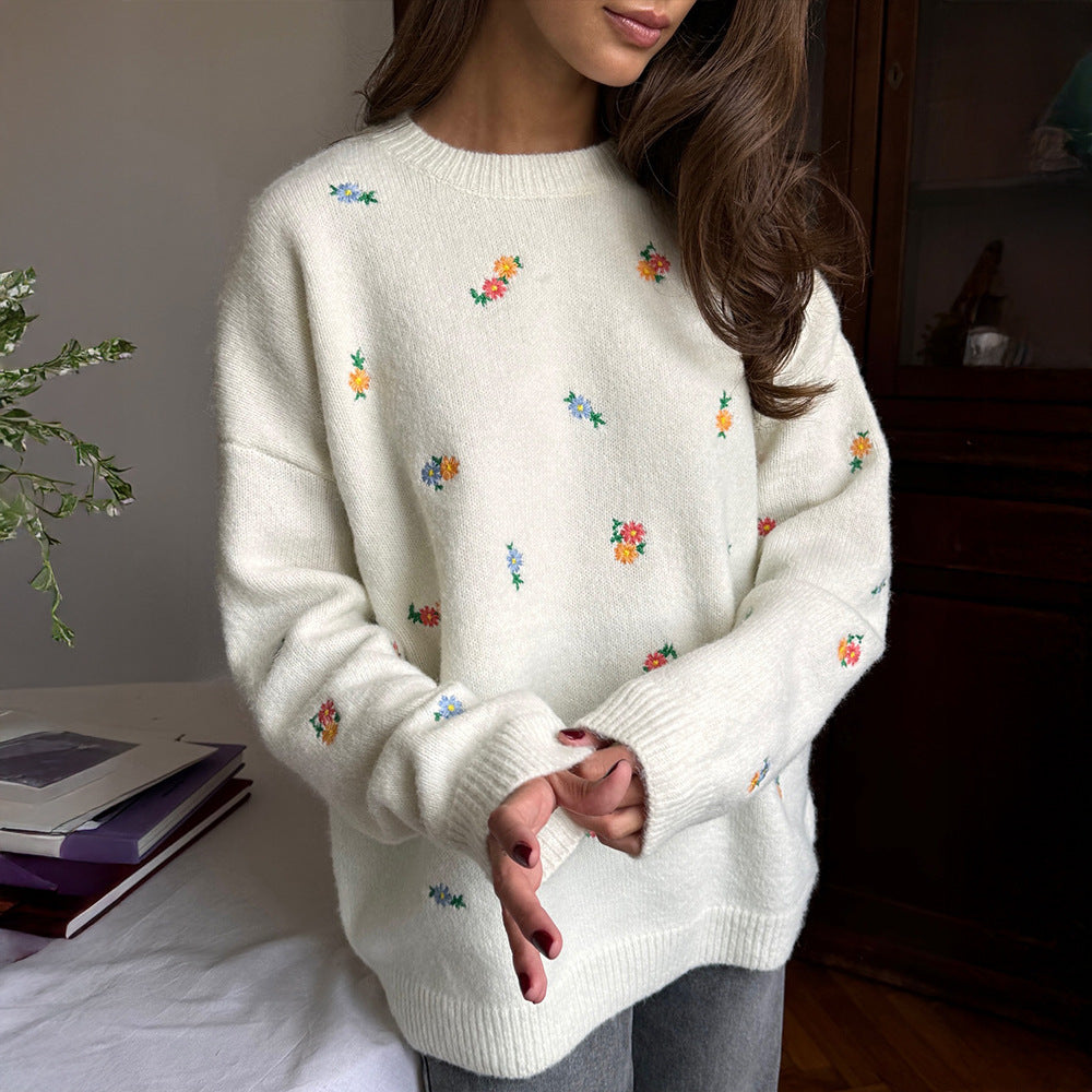 Damen Verspielter Pullover mit floralen Stickereien EB