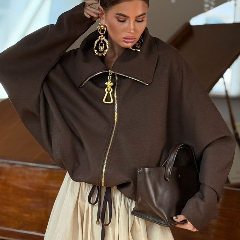 Damen Lässige Oversize-Jacke mit hohem Kragen und Reißverschluss EB