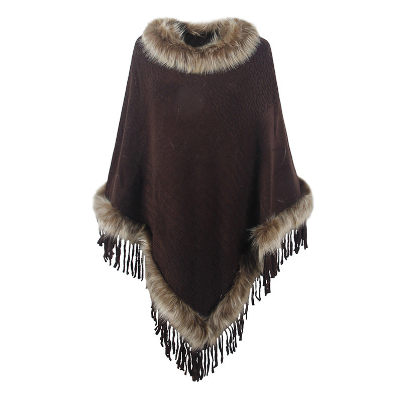 Damen eleganter Poncho mit luxuriösem Kunstfellkragen und dekadenten Fransen EB