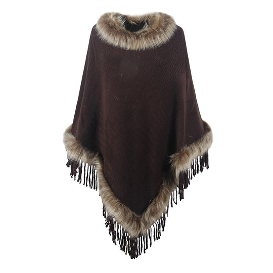 Damen eleganter Poncho mit luxuriösem Kunstfellkragen und dekadenten Fransen EB