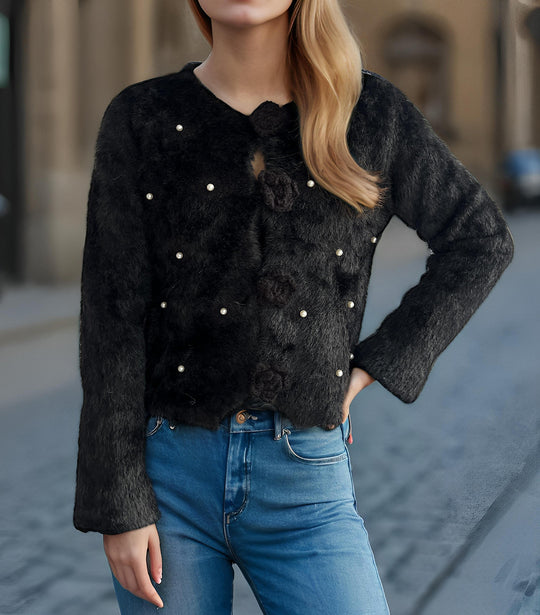 Damen Strickjacke mit floralen Applikationen und perlverzierter Detail EB