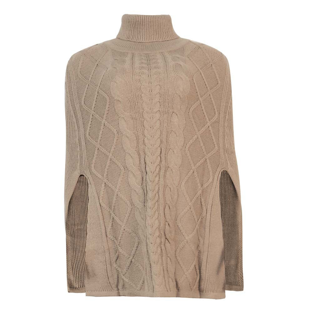 Damen Strickponcho mit hohem Kragen und dekorativem Zopfmuster EB
