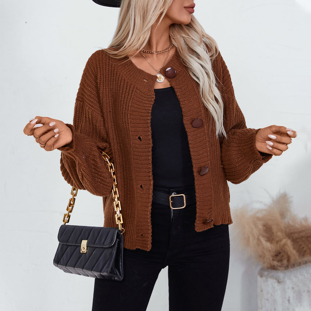Damen gemütliche Strickjacke mit großen Knöpfen und lässigem Schnitt EB