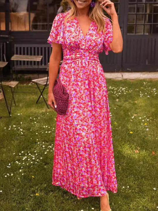 Damen Maxikleid mit floraler Raffung und V-Ausschnitt EB
