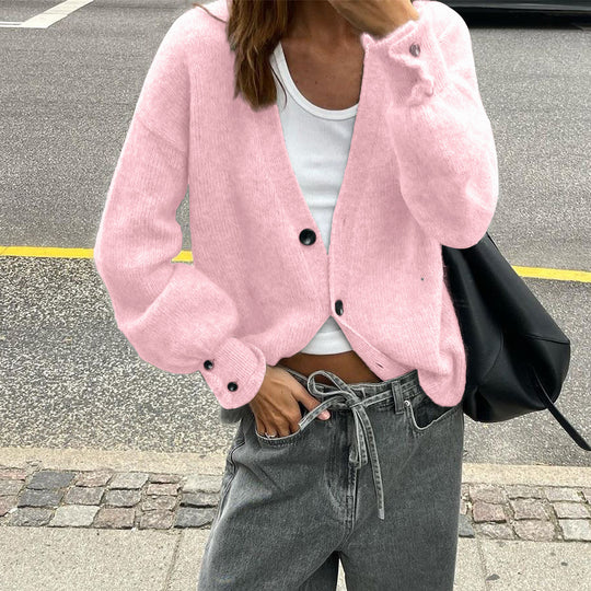Damen nan lässige Strickjacke mit tiefem V-Ausschnitt, aufgesetzten Knopfleisten und Ballonärmeln EB