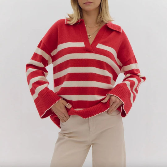 Damen kuschelige Strickpullover mit modernem Streifenmuster und V-Ausschnitt EB