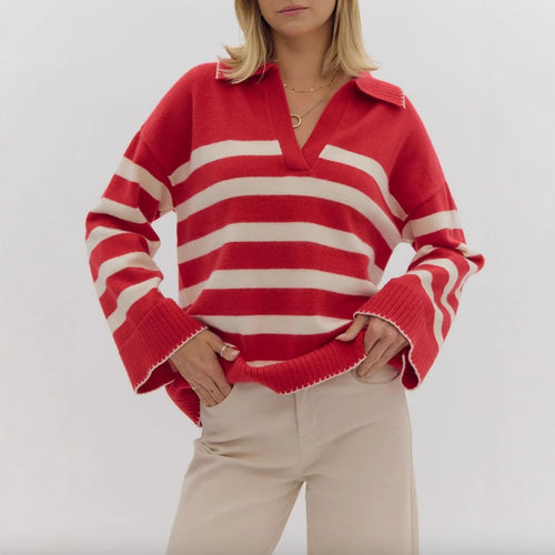 Damen kuschelige Strickpullover mit modernem Streifenmuster und V-Ausschnitt EB