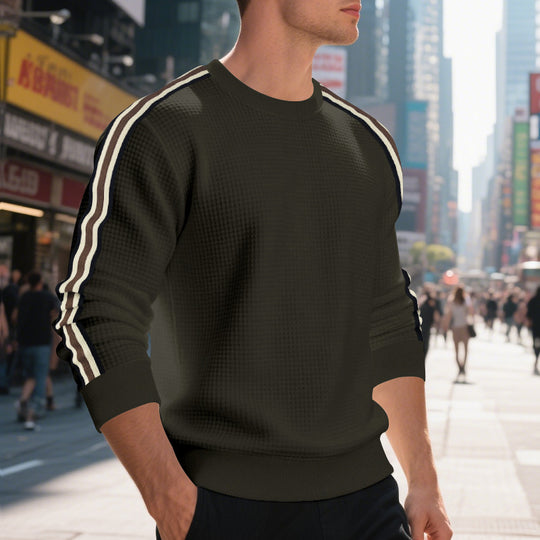 Herren Waffelstrick-Pullover mit kontrastierenden Ärmelstreifen und Rundhalsausschnitt EB