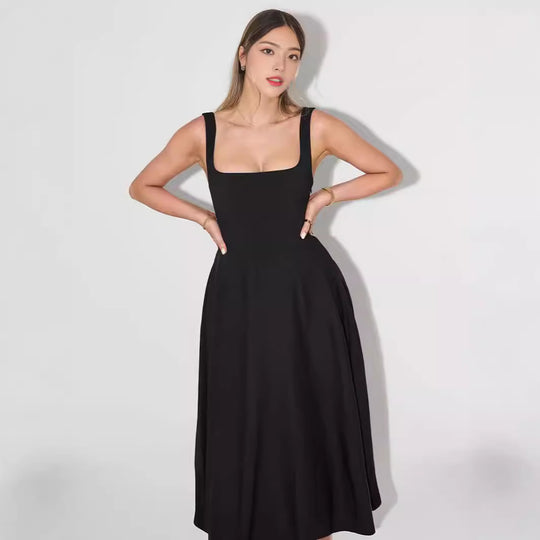 Damen A-Linien Maxikleid mit quadratischem Ausschnitt und fließendem Stoff EB
