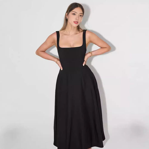 Damen A-Linien Maxikleid mit quadratischem Ausschnitt und fließendem Stoff EB