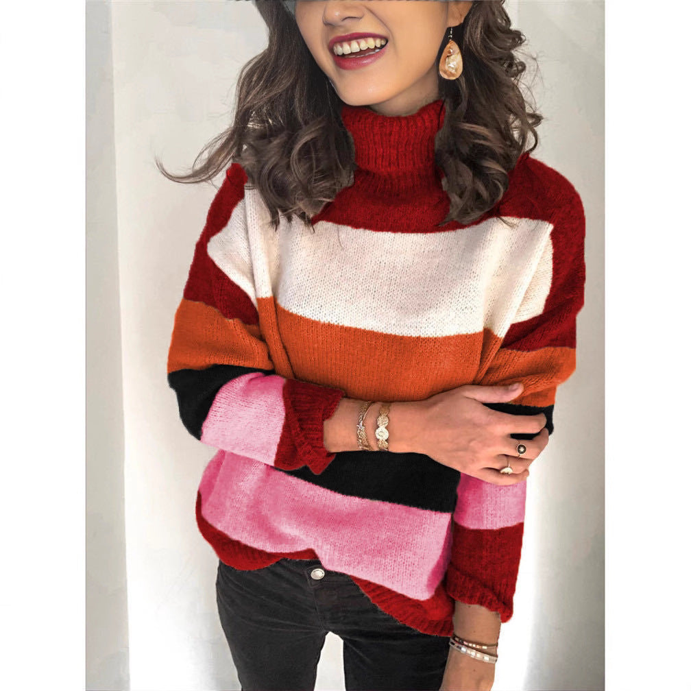 Damen modischer Strickpullover mit lässigem Rollkragen und farbiger Blockgestaltung EB