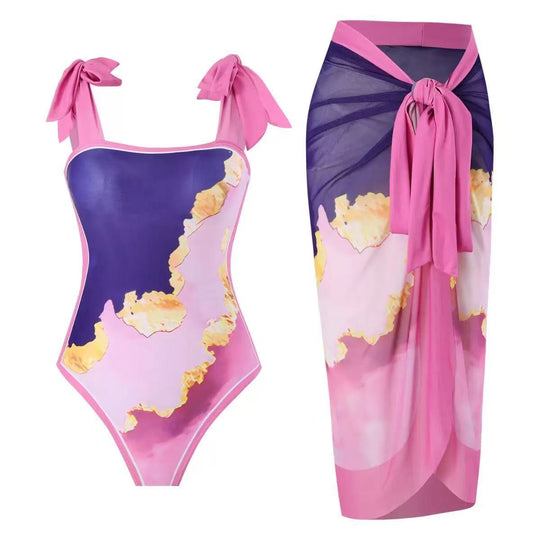 Damen Badeanzug mit floralem Design und transparentem Wickelrock EB