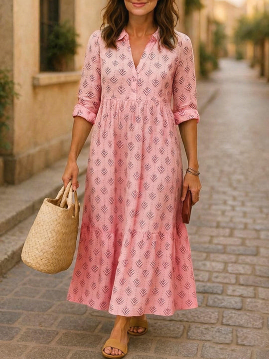 Damen Maxikleid mit elegantem Kragen und floralen Mustern EB