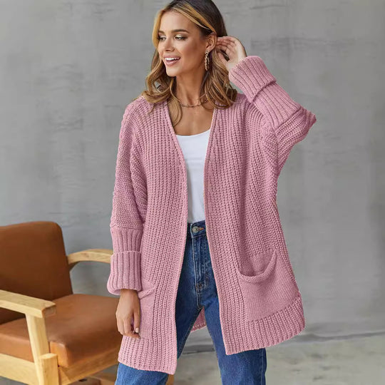 Damen gemütliche Strickjacke mit tiefen Taschen und volumetrischen Ärmeln EB
