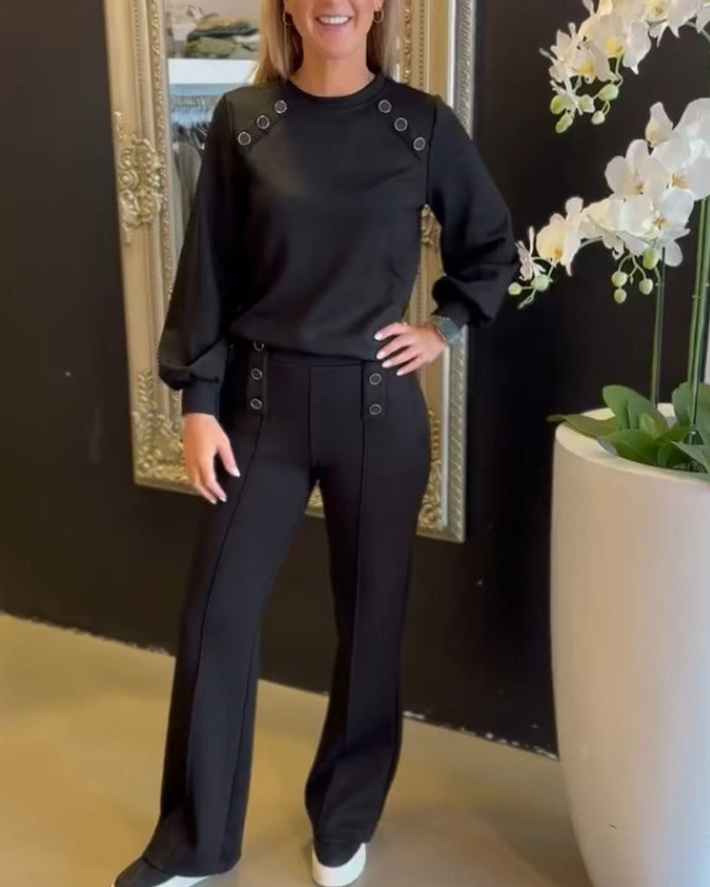 Damen Sportliches Oberteil mit dekorativen Knopfdetails und passender Hose Heidi-Mode