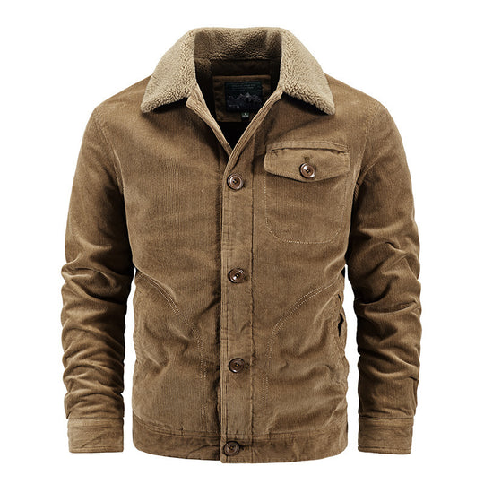 Herren Cord-Truckerjacke mit wärmendem Sherpa-Kragen und Holzknopffront EB