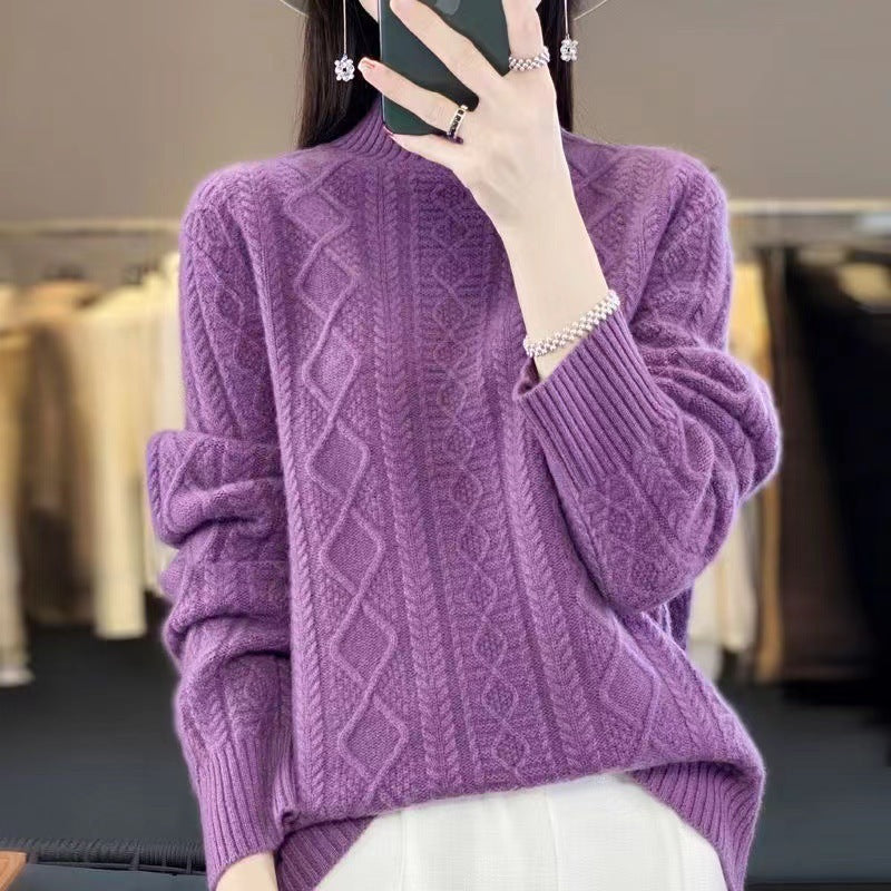 Damen Hochwertiger Strickpullover mit Stehkragen und Zopfdesign EB