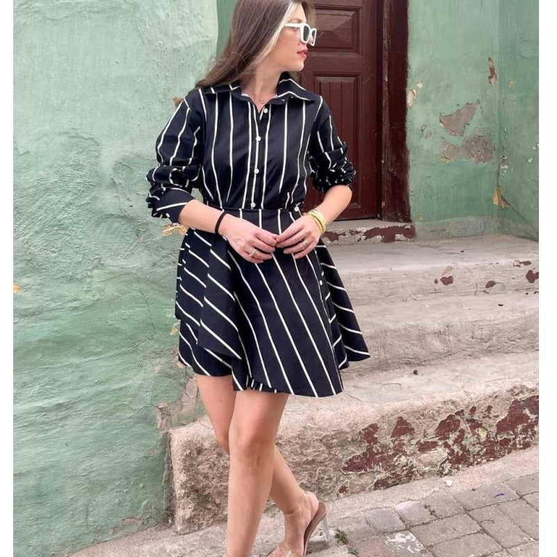 Damen Casual Hemdkleid mit asymmetrischem Rock und Streifen EB
