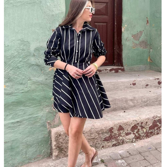 Damen Casual Hemdkleid mit asymmetrischem Rock und Streifen EB
