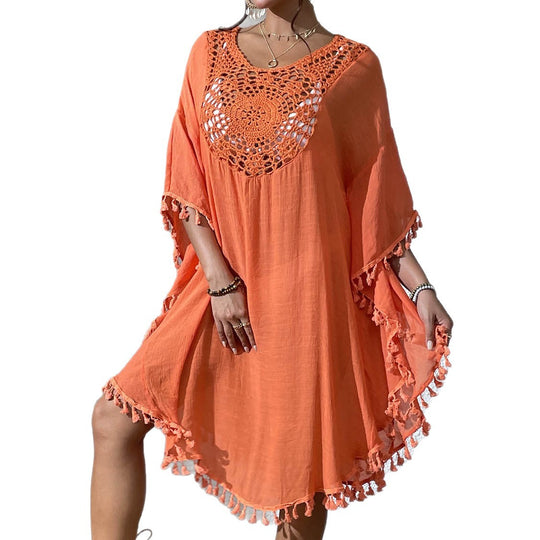 Damen Strandtunika mit elegantem Häkelmuster und fransigen Details EB