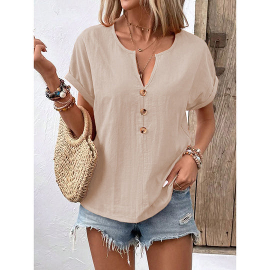 Damen lässige Bluse mit Knopfleiste und rundem Ausschnitt EB