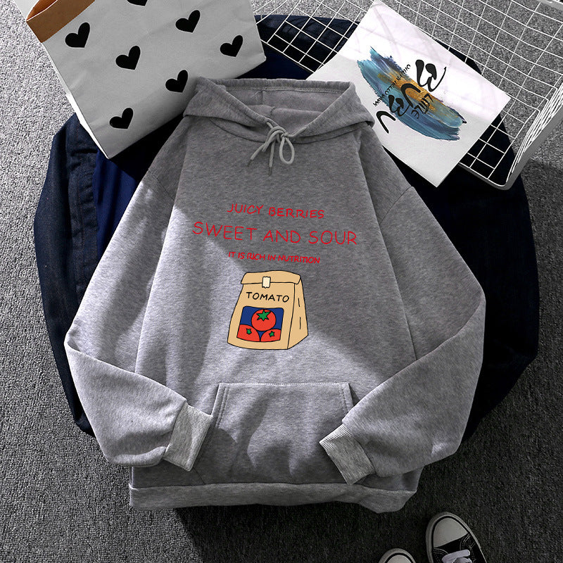 Damen nan Oversize-Kapuzenpullover mit verspieltem Tomatenprint, Kängurutasche und weichem Fleecefutter EB