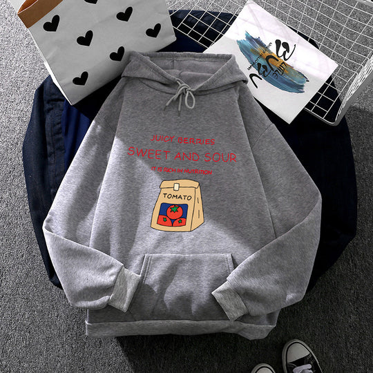 Damen nan Oversize-Kapuzenpullover mit verspieltem Tomatenprint, Kängurutasche und weichem Fleecefutter EB