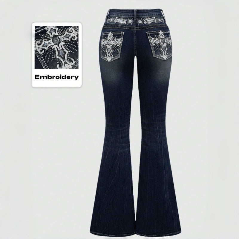 Damen Bootcut Jeans mit aufwendigen Stickereien und hohem Bund EB
