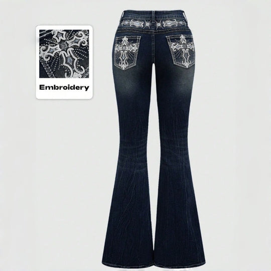 Damen Bootcut Jeans mit aufwendigen Stickereien und hohem Bund EB