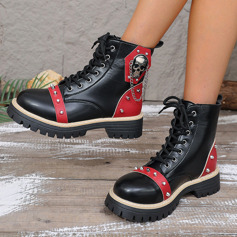 Damen modische Schnürstiefel mit dekorativen Nieten und Kettenanhänger EB