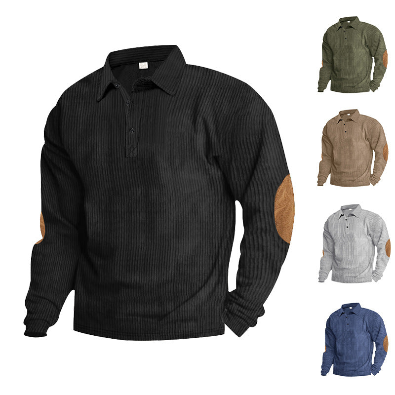 Herren lässiges Langarm-Henley-Shirt mit strukturiertem Rippenstoff und kontrastierenden Ellbogenpatches EB